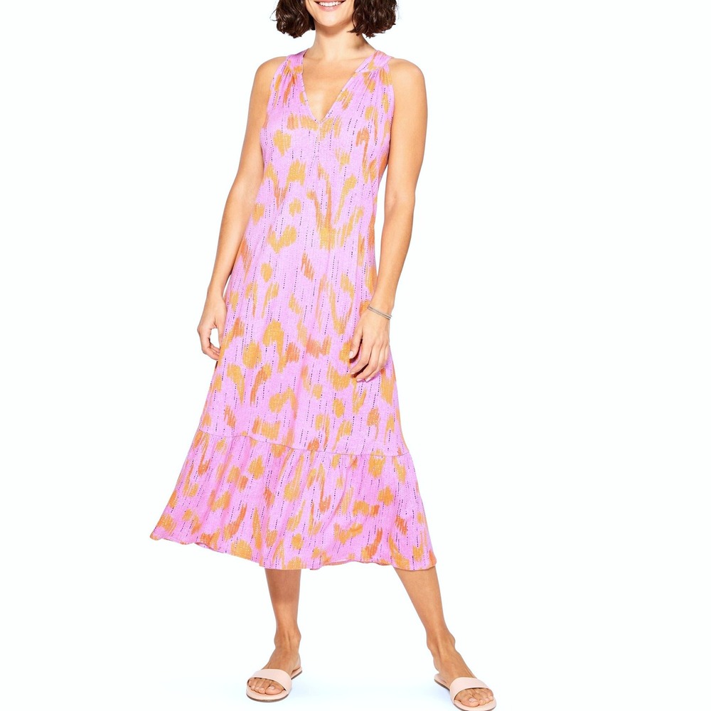 NIC+ZOE Summer Heat Linen Blend Midi Dress Pink Orange Tiered Size S